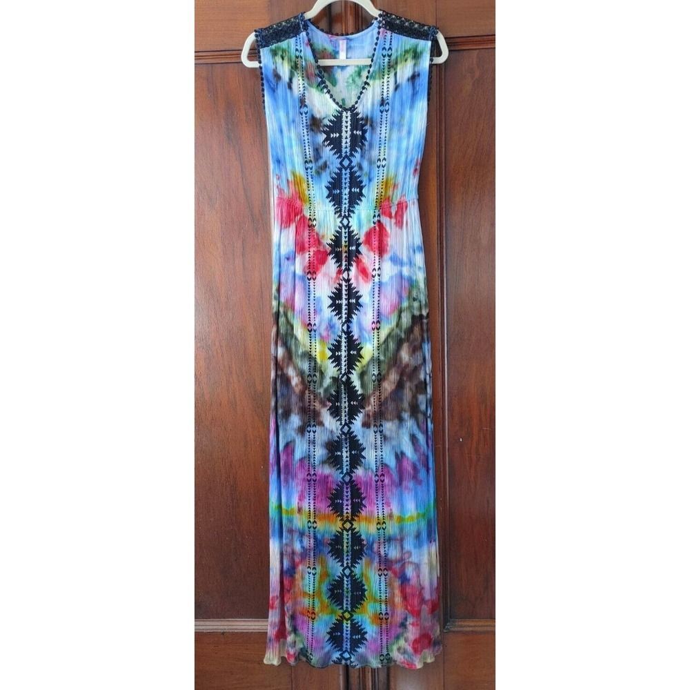 Summer Coast Boho Cottage Tie Dye dress M Maxi by Exhilaration, Side Split Lined